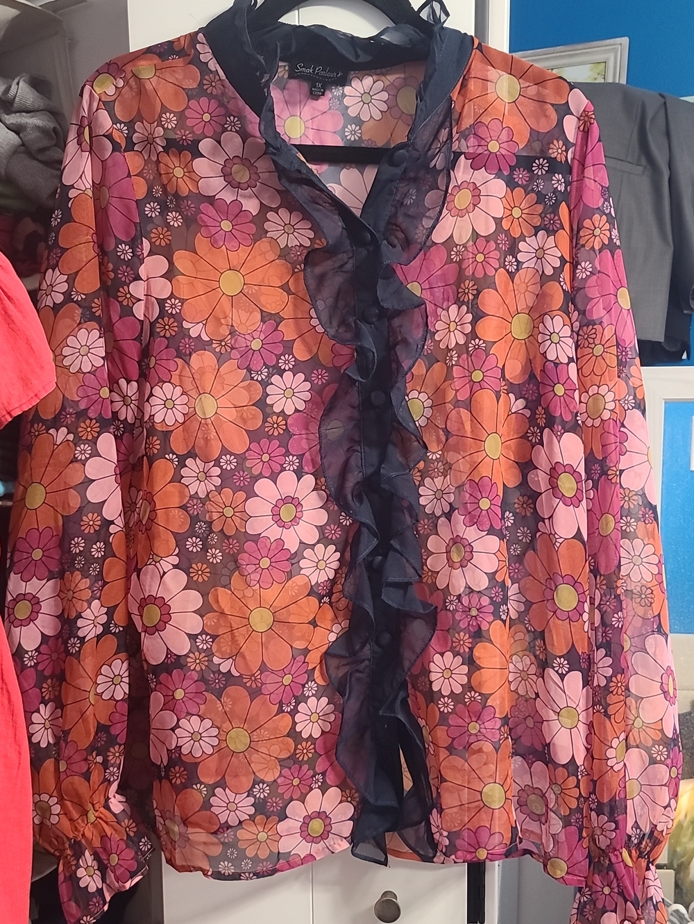 Smak Parlour Sheer Floral Ruffle Blouse Pink & Orange 1X